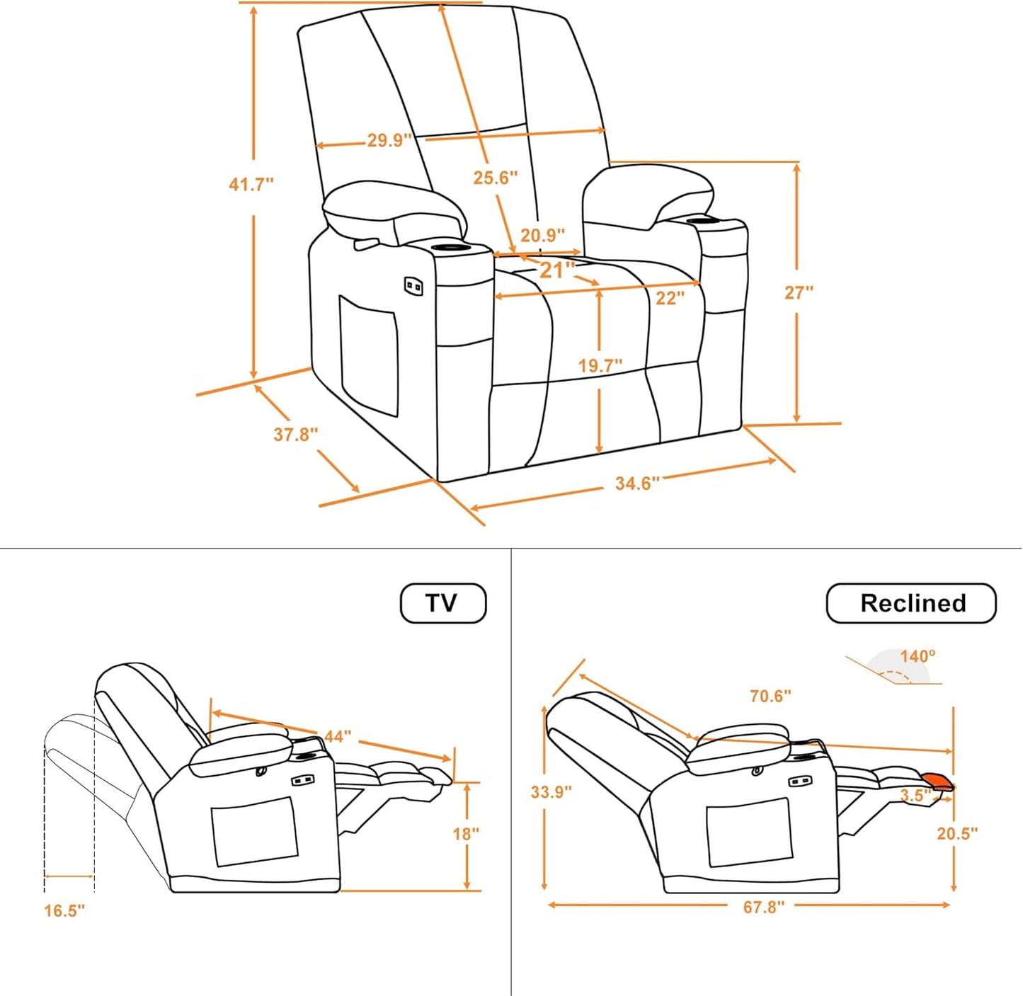Fabric Electric Power Recliner Chair with Heat and Vibration, Cup Holders, USB Charge Ports, Extended Footrest, Cloth Powered Reclining for Living Room 8015(Grey)-2