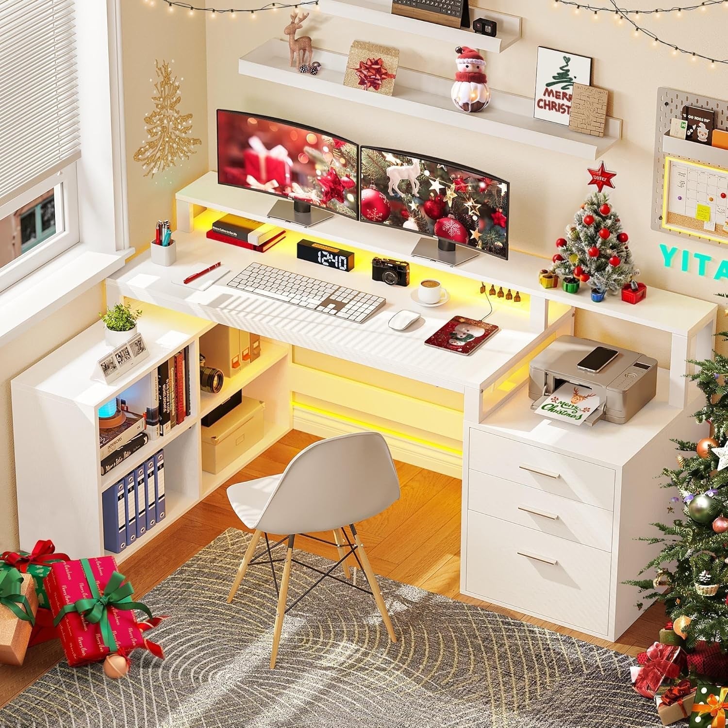 L Shaped Desk with 3 Drawers, 65" Corner Computer Desk with Power Outlets & LED Lights, L-Shaped Desk with File Cabinet & Printer Stand for Home Office, White-0