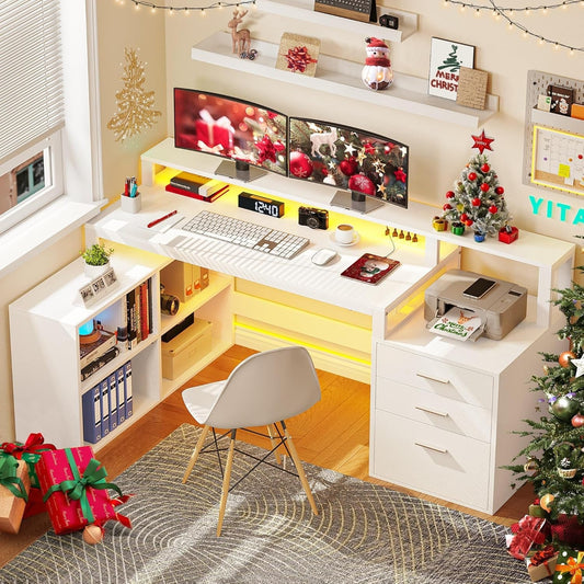 L Shaped Desk with 3 Drawers, 65" Corner Computer Desk with Power Outlets & LED Lights, L-Shaped Desk with File Cabinet & Printer Stand for Home Office, White-0