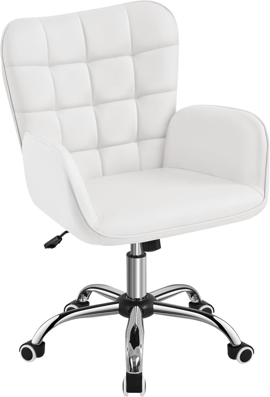 Faux Leather Office Chair Modern Vanity Chair Ergonomic Adjustable Makeup Chair with Padded Armrests Big Seat for Office, Bedroom, Living Room, White-0