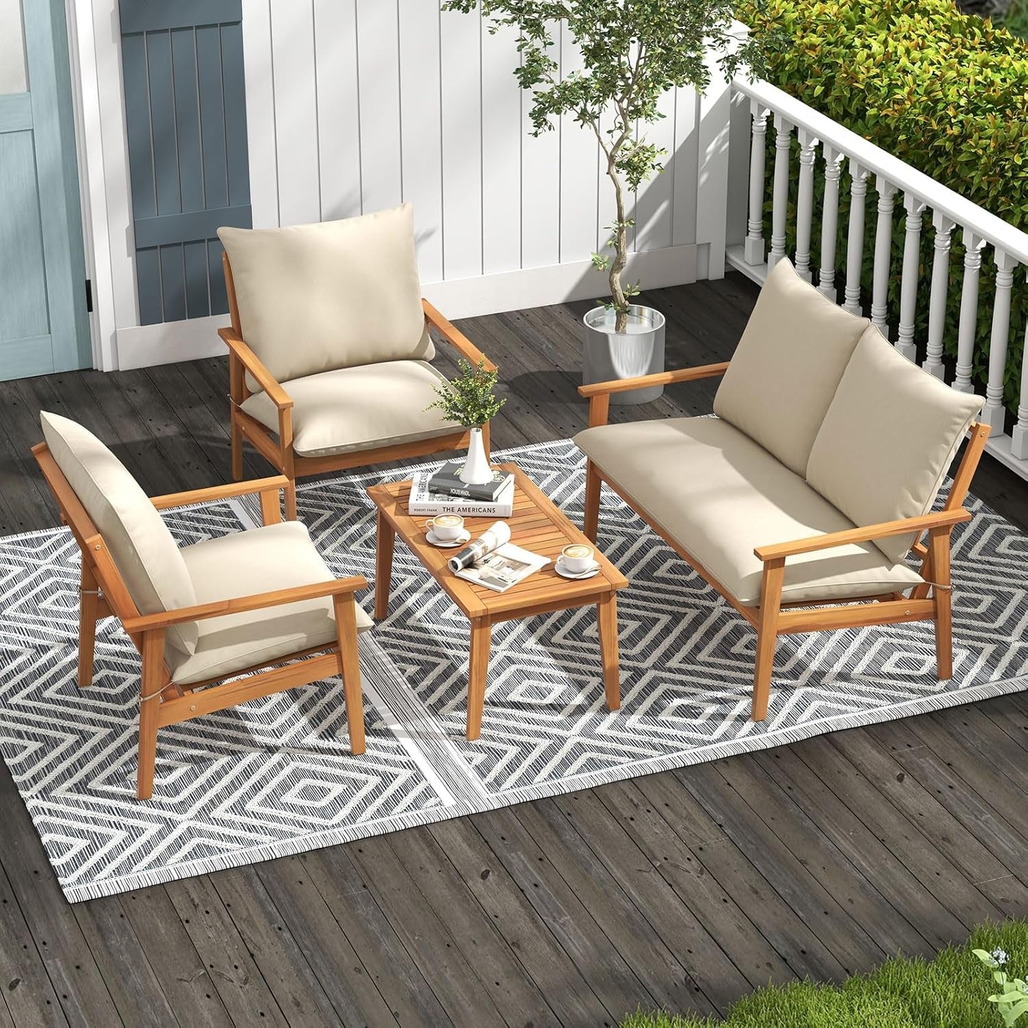 4 Pieces Patio Furniture Set, Outdoor Acacia Wood Conversation Set with Soft Cushions and Coffee Table, Outdoor Sectional Sofa Set for Lawn, Garden, Backyard and Poolside (1, Natural)-3
