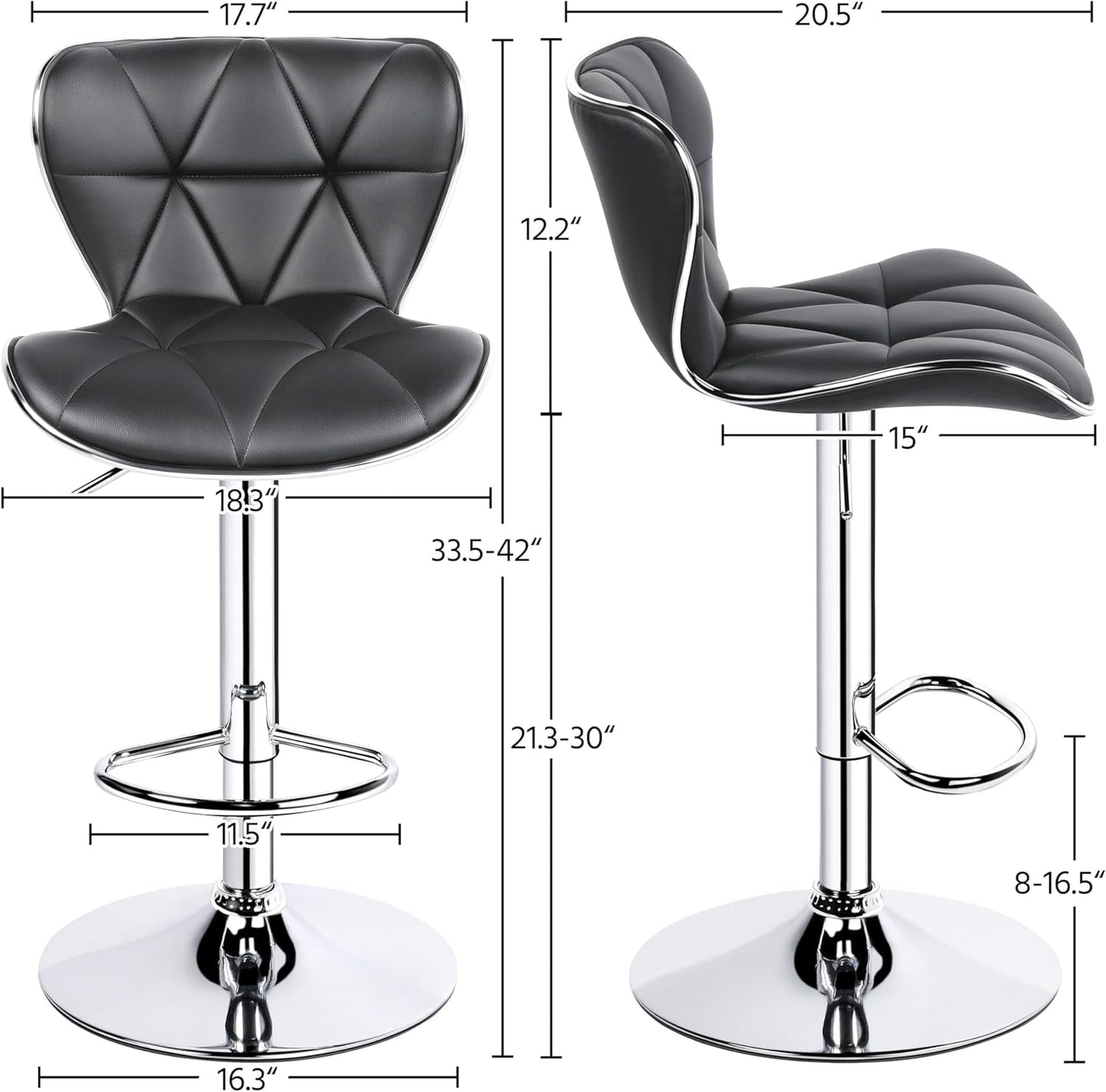 Bar Stools, Stylish Adjustable PU Leather Swivel Barstools, Counter Height Bar Chair Set of 2 with Foma Padded for Home Kitchen, Grey-2