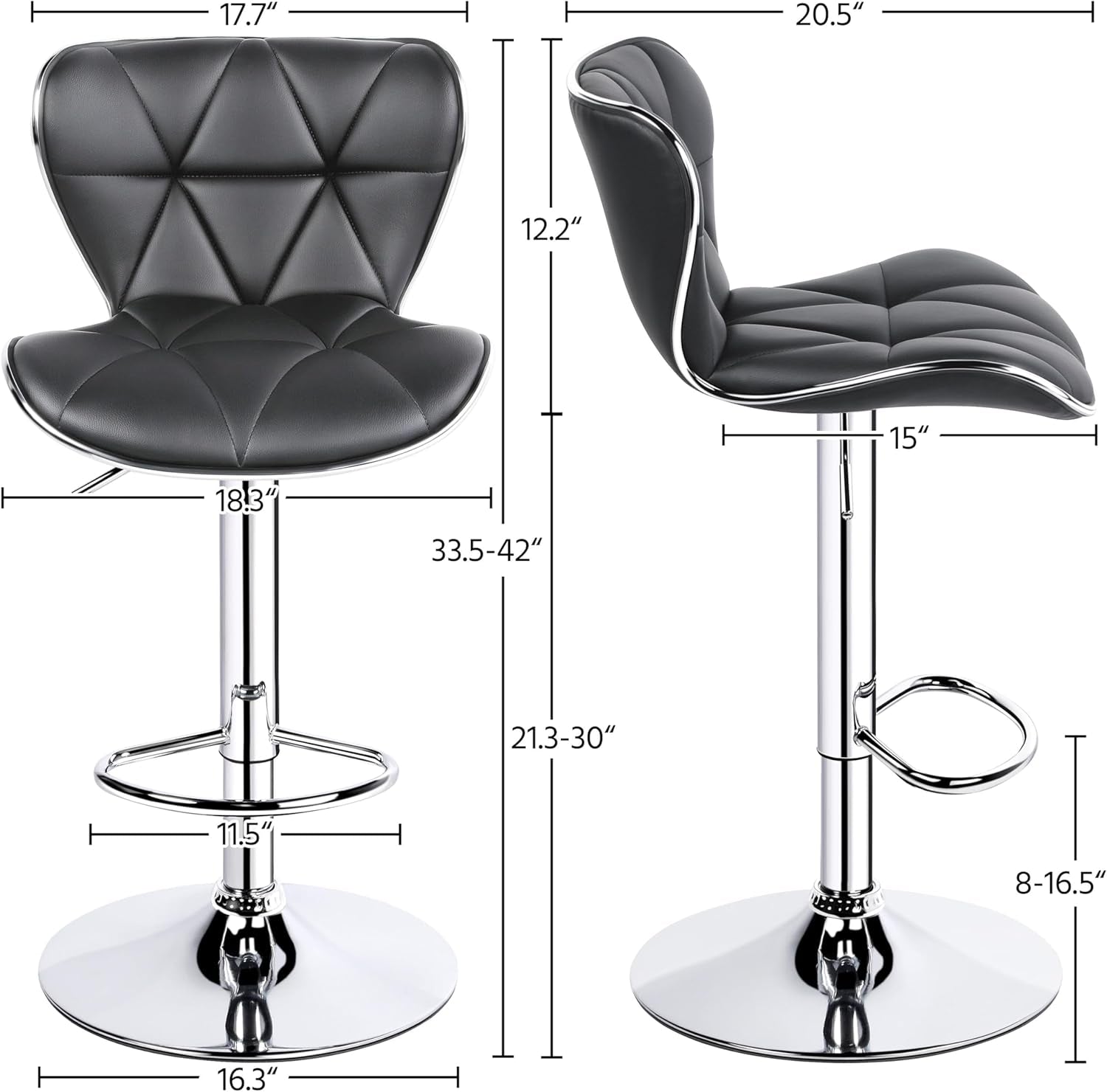 Bar Stools, Stylish Adjustable PU Leather Swivel Barstools, Counter Height Bar Chair Set of 2 with Foma Padded for Home Kitchen, Grey-2