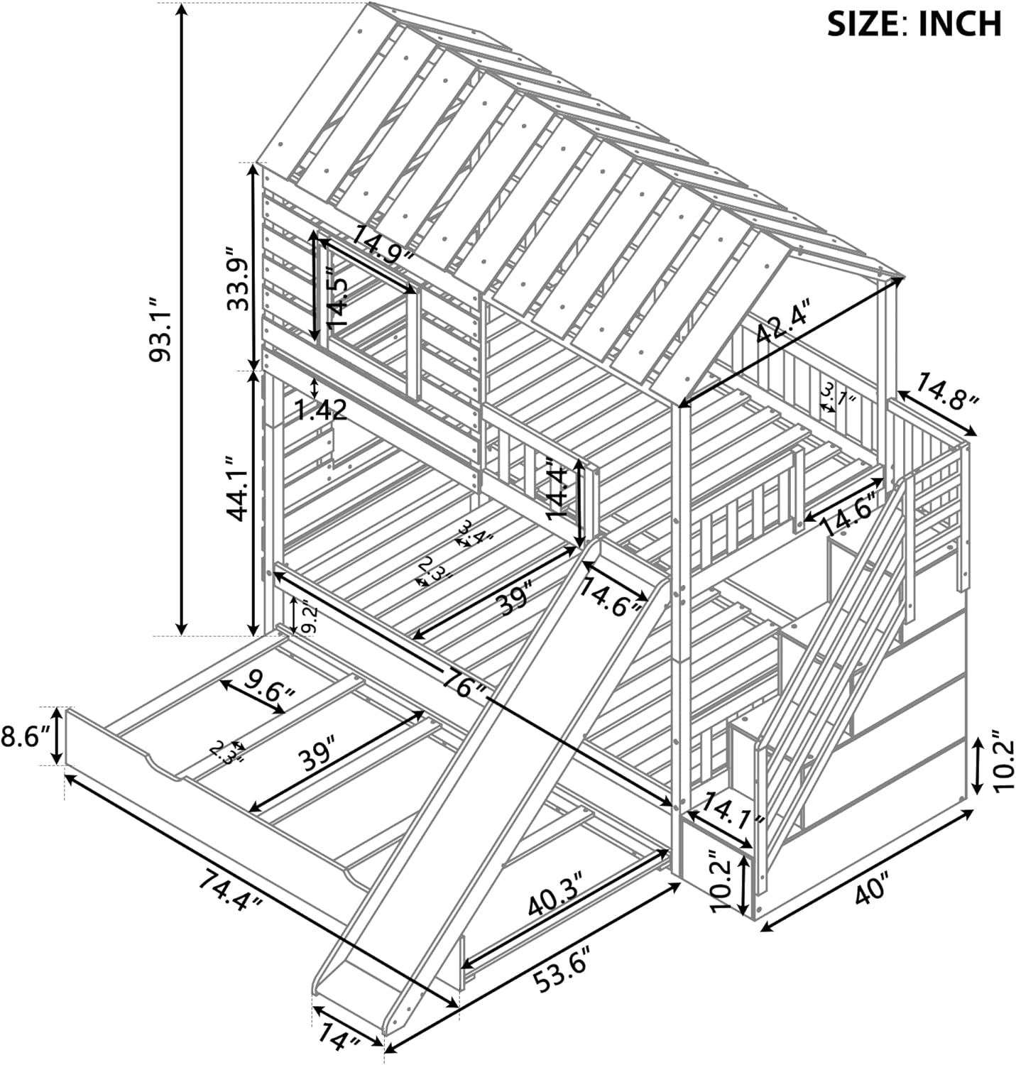 Twin over Twin House Bunk Bed, Wooden Bed Frame with Trundle and Slide, Storage Staircase, Roof and Window Design, Gray-1