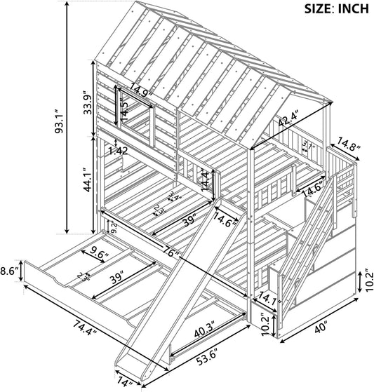 Twin over Twin House Bunk Bed, Wooden Bed Frame with Trundle and Slide, Storage Staircase, Roof and Window Design, Gray-1