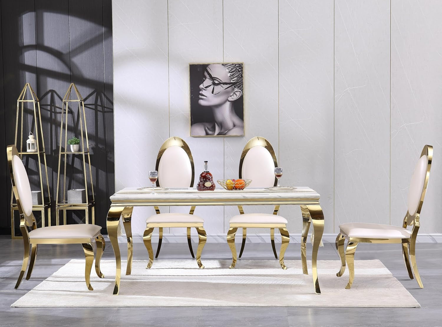 Dining Table, 63 Inch White and Gold Rectangle Dining Room Table with Gorgeous Polished Cabriole Legs-4