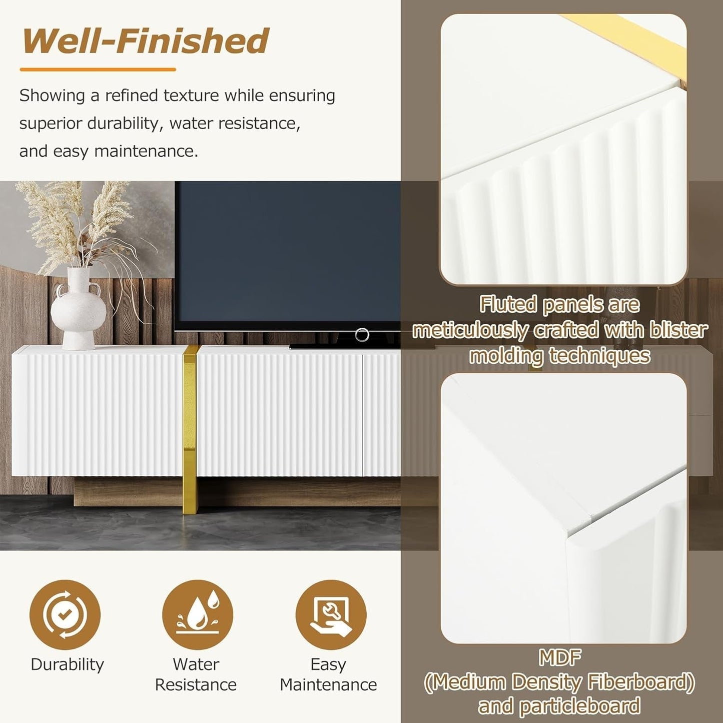 Luxury Fluted TV Stand for Televisions up to 80'', Modern Entertainment Center with Storage Cabinets & Drawers and Golden Wood Grain Legs, Smooth Media Console, for Living Room, White-0