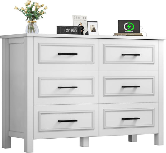 6-Drawer Dresser with Built-In Power Outlet, Wood Dresser TV Stand with 6 Large Drawers and Bar Handles, White Dresser Chest of Drawers for Living Room, Hallway, Entryway-0