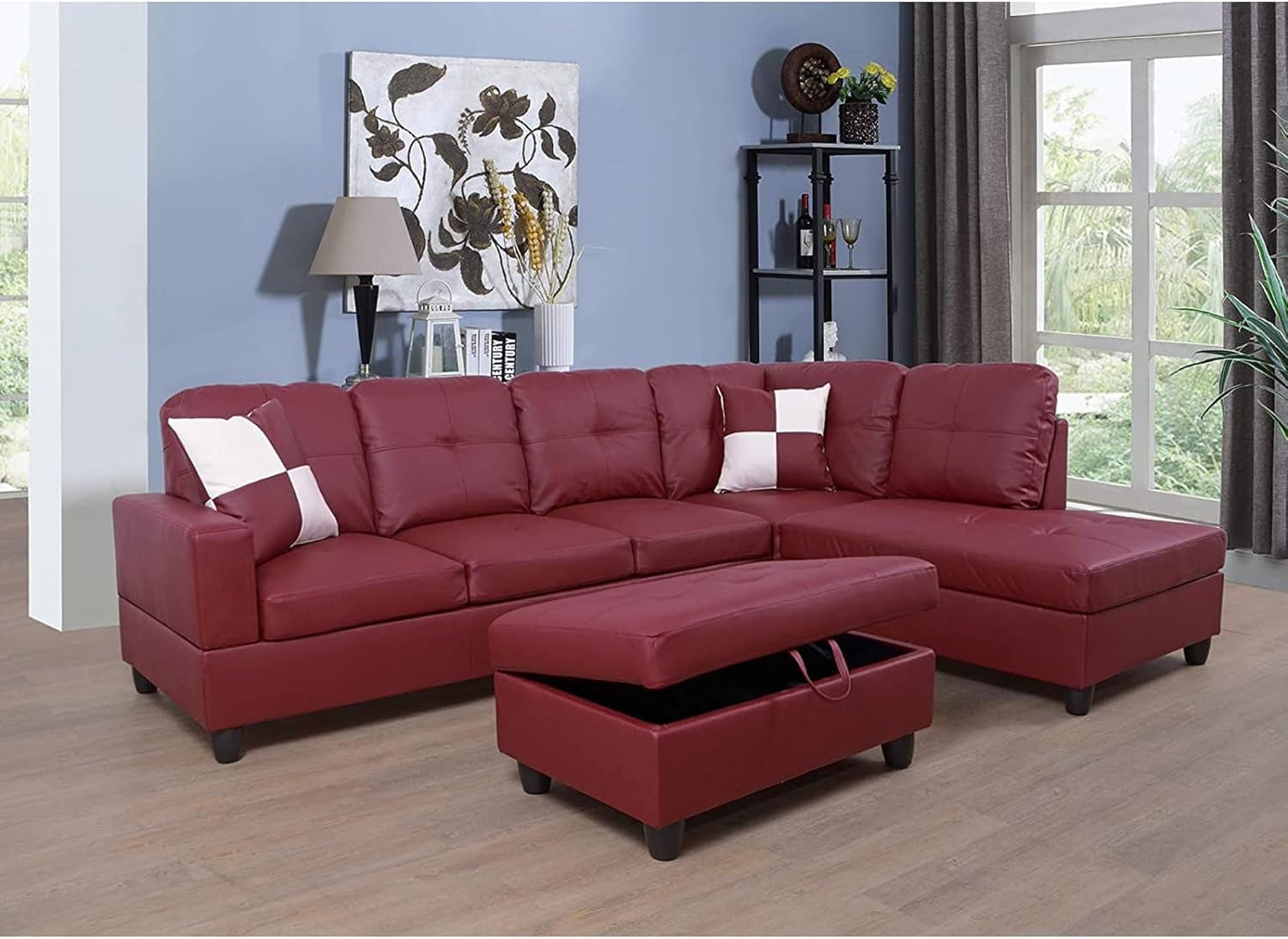 Sectional Sofa Faux Leather Modern L Shaped Couch Set 103.5”Wide Including Chaise and 3 Seating Sofa with Storage Ottoman for Living Room Furniture (Right Hand Facing, B-Red)-0