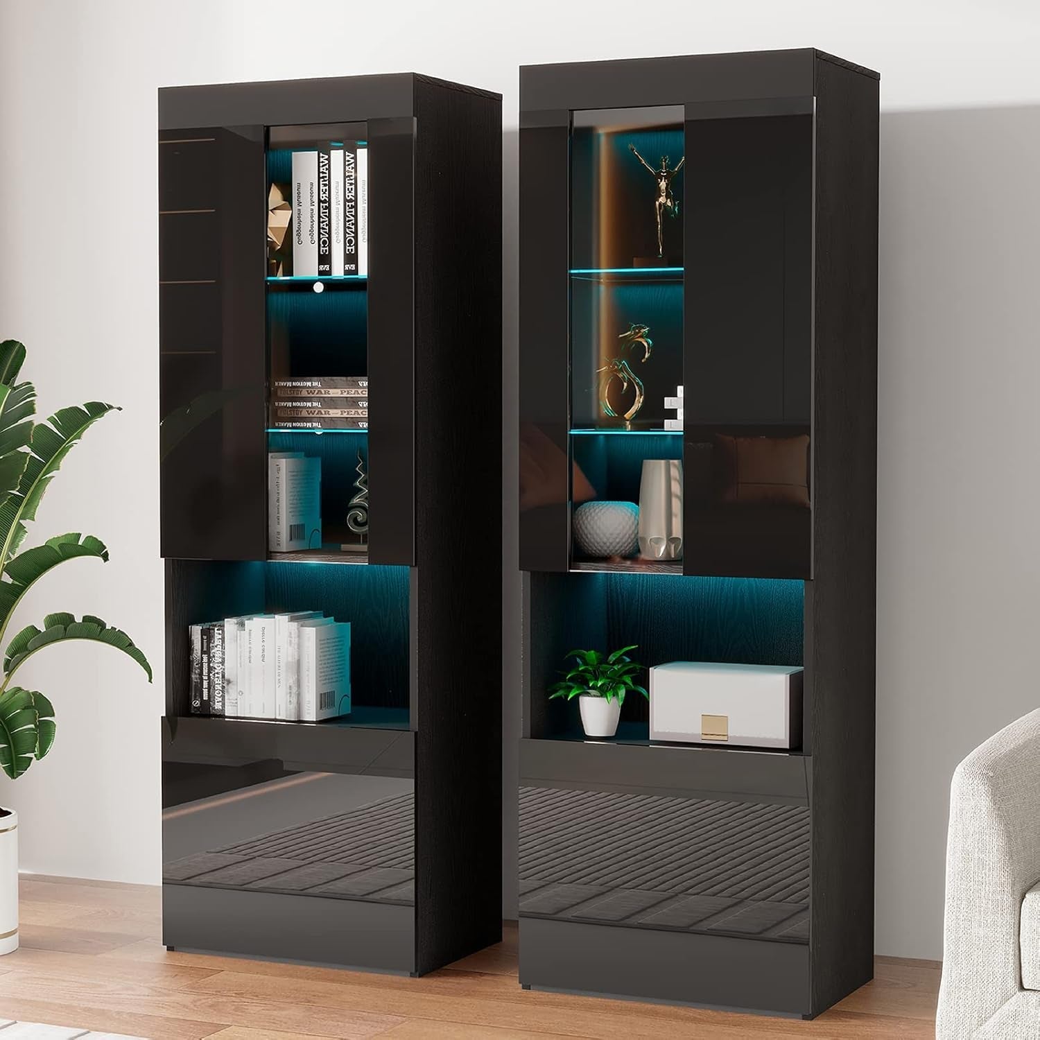 2 Piece 71In Tall Bookcase Storage Cabinet with Glass Doors, Modern High Gloss LED Bookshelf Display with 5 Tiers for Storage & Adjustable Glass Shelves for Living Room, Office, Black-0