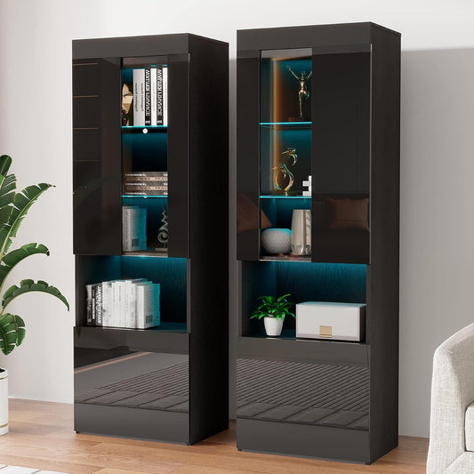 2 Piece 71In Tall Bookcase Storage Cabinet with Glass Doors, Modern High Gloss LED Bookshelf Display with 5 Tiers for Storage & Adjustable Glass Shelves for Living Room, Office, Black-0