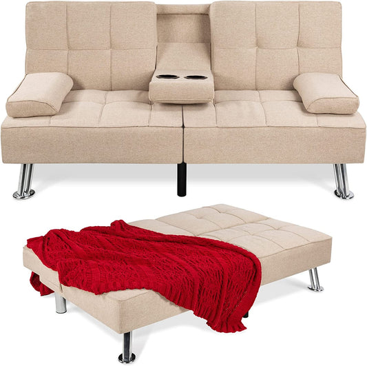 Linen Modern Folding Futon, Reclining Sofa Bed for Apartment, Dorm W/Removable Armrests, 2 Cupholders - Beige-0