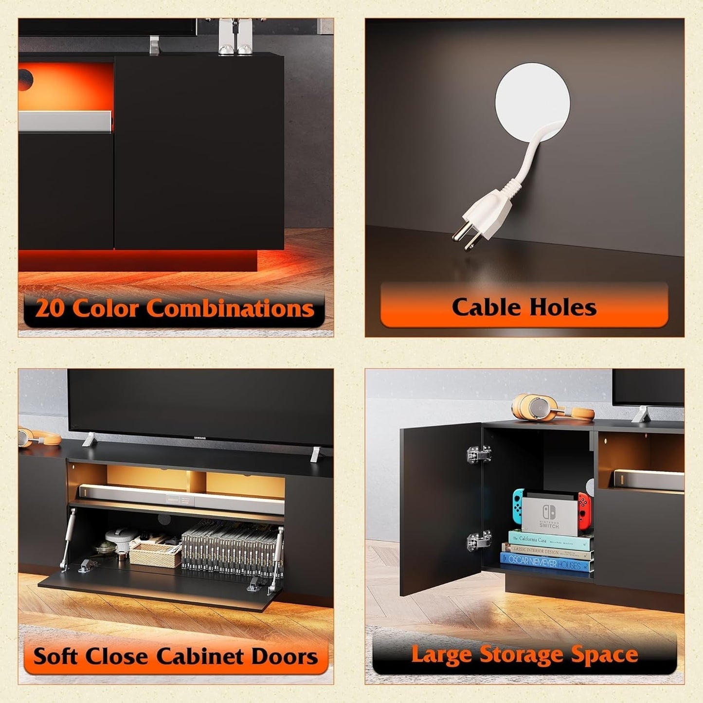 Black 58" TV Console with LED and Storage-4