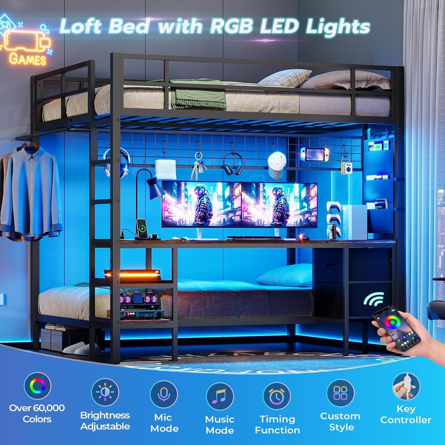 Full over Twin Bunk Bed with Desk and Charging Station Metal Full Size over Twin Loft Bed with Led Lights & Storage Shelves and Drawers for Teen,Safety Guard & Stairs,No Box Spring Needed,Black-3