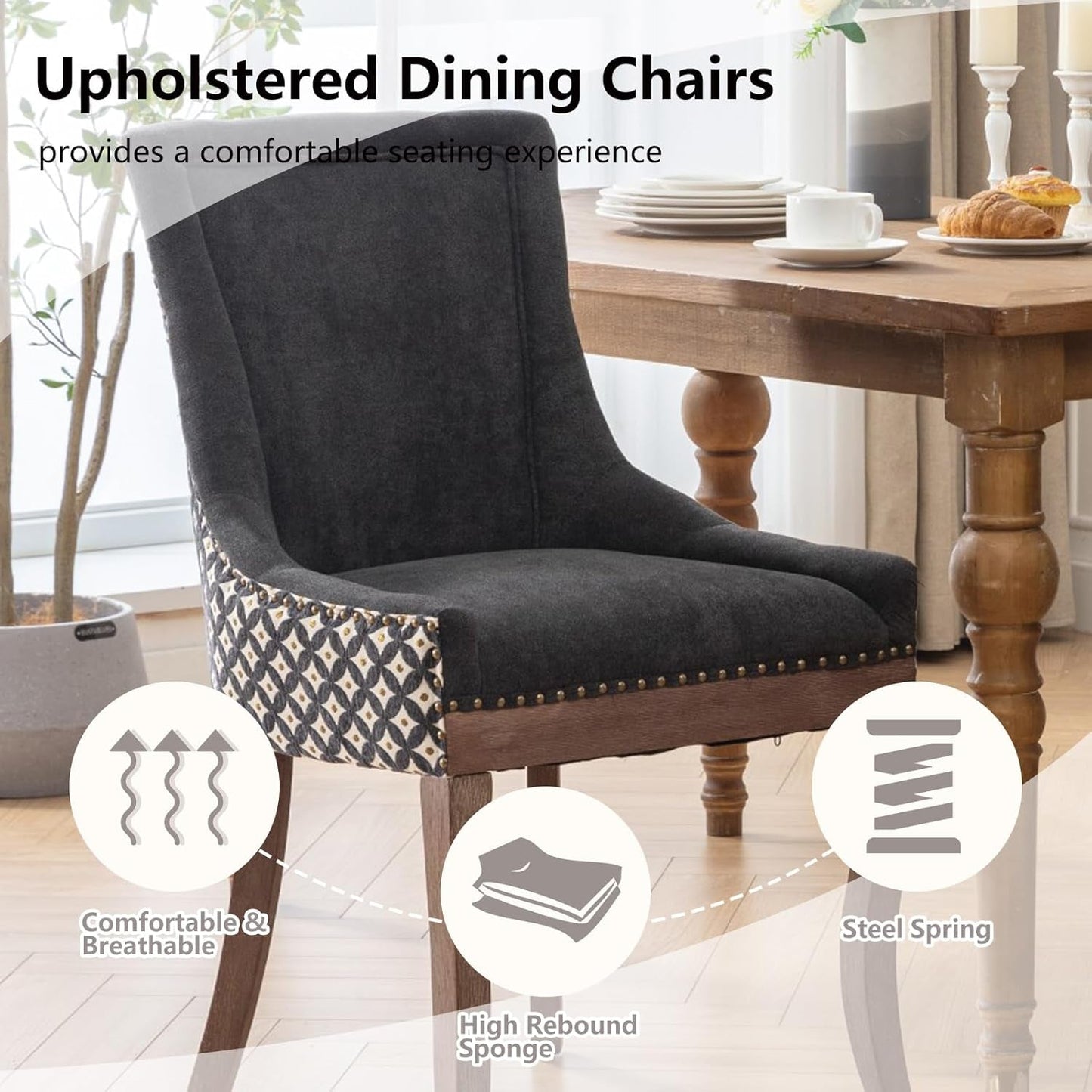 Modern Dining Chairs Set of 2, High Back Dining Chairs Side Chairs with Solid Wood Legs, Upholstered Fabric Dining Room Chairs for Dining Room Kitchen, Black and Patterned-3