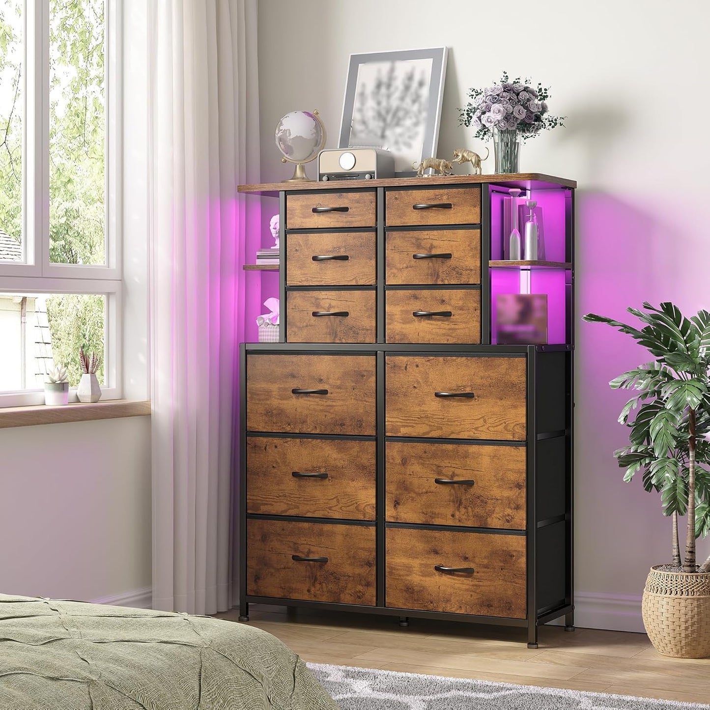 Dresser for Bedroom with LED Lights, 12 Drawers Bedroom Dresser, Dresser and Tall Dresser with Open Shelves, Fabric Dressers & Chests of Drawers with Sturdy Metal Frame, Rustic Brown-4