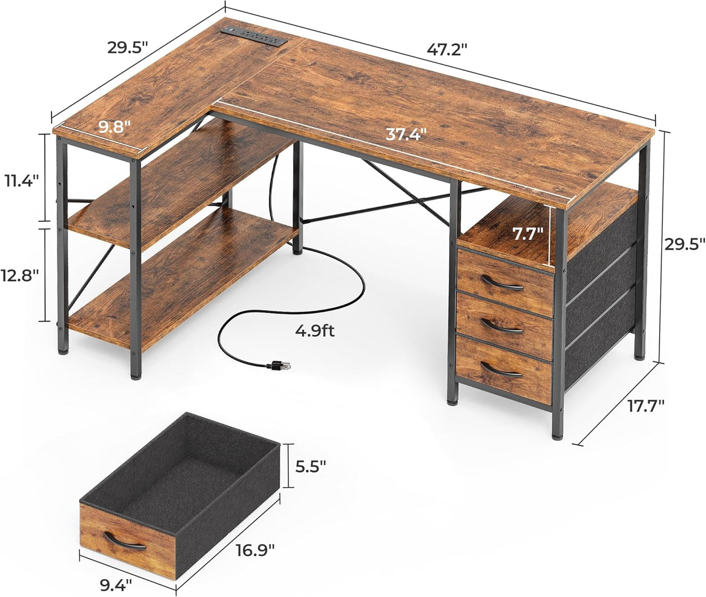 L Shaped Desk with Power Outlets, Computer Desk with 3 Drawers, 47 Inch Office Desk with Shelves, Gaming Desk, Corner Desk Work Desk for Home Office, Study, Rustic Brown-2