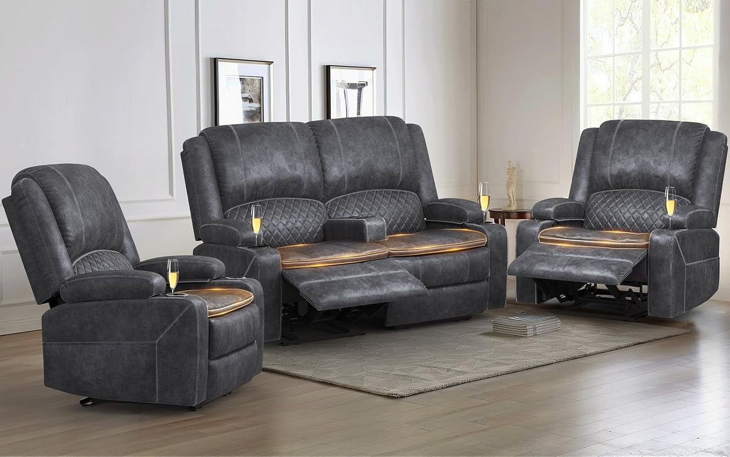 Grey Leather Reclining Loveseat Sofa Set Console, 2 Chairs-0