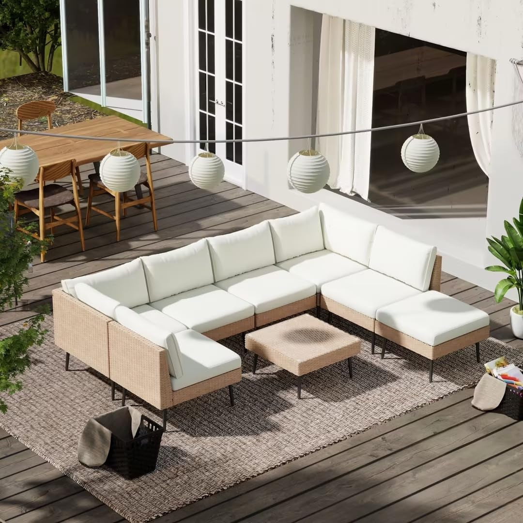 Outdoor Patio Sectional Furniture Set, 8 Piece Wicker Conversation Patio Furniture Wtih Extra Waterproof Cover and Thick Cushions for Garden, Backyard-0