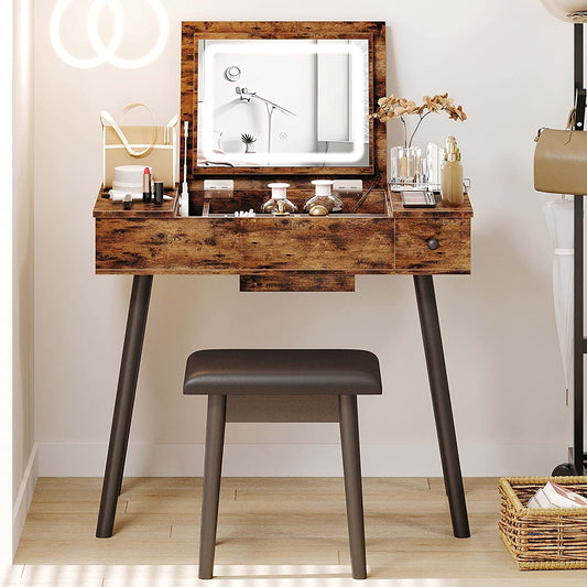 Vintage Brown Vanity Desk Set with LED Lighted Mirror-0