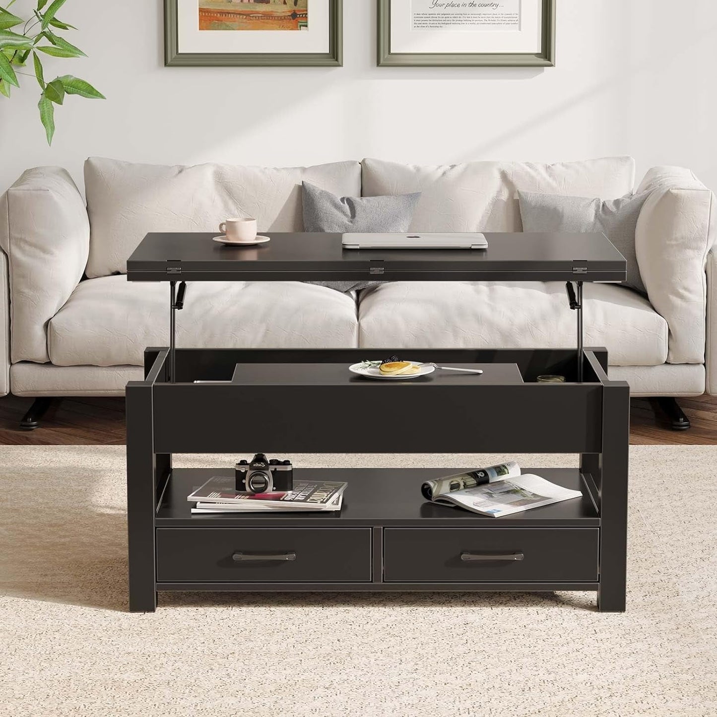 Coffee Table Lift Top, Multi-Function Convertible Coffee Table with Drawers and Hidden Compartment, Coffee Table Converts to Dining Table for Living Room, Home Office,Black-1