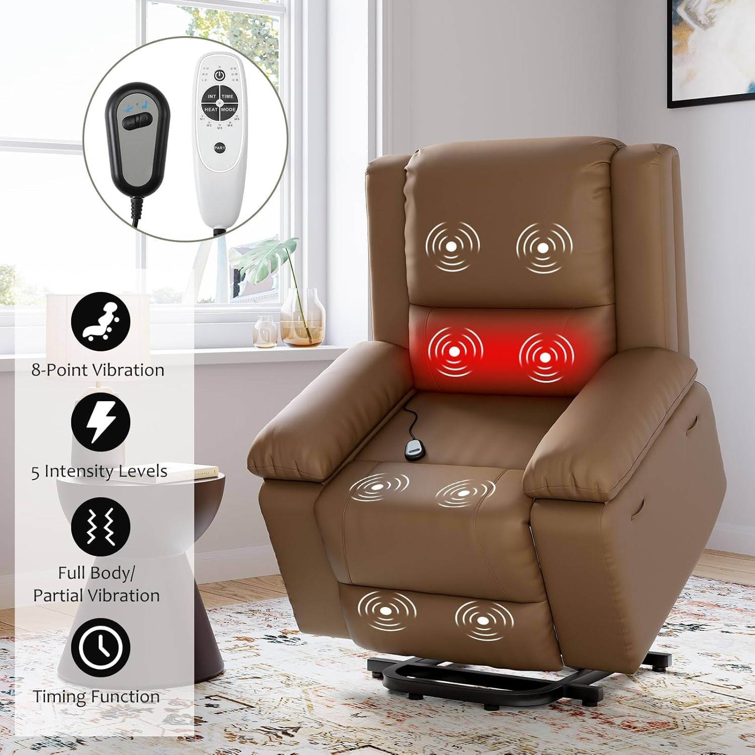 Oversized Faux Leather Power Lift Recliner W/Massage and Heat for Elderly, Recliner Chairs with Pockets for Living Room (Khaki, Large)-2