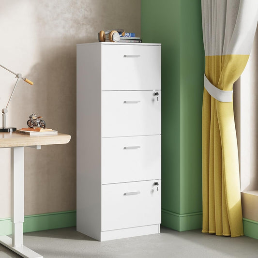 4 Drawer File Cabinet with Lock, Vertical Filing Cabinet for A4/Letter Size Files, Wood Storage Cabinet for Home Office, White-1