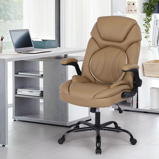 Modern Executive Office Chairs with Lumbar Support, 90-120° Rocking Managerial Chair Ergonomic PU Leather Home Office Desk Chairs with Wheels, Flip-Up Arms & Back Support (Khaki)-1