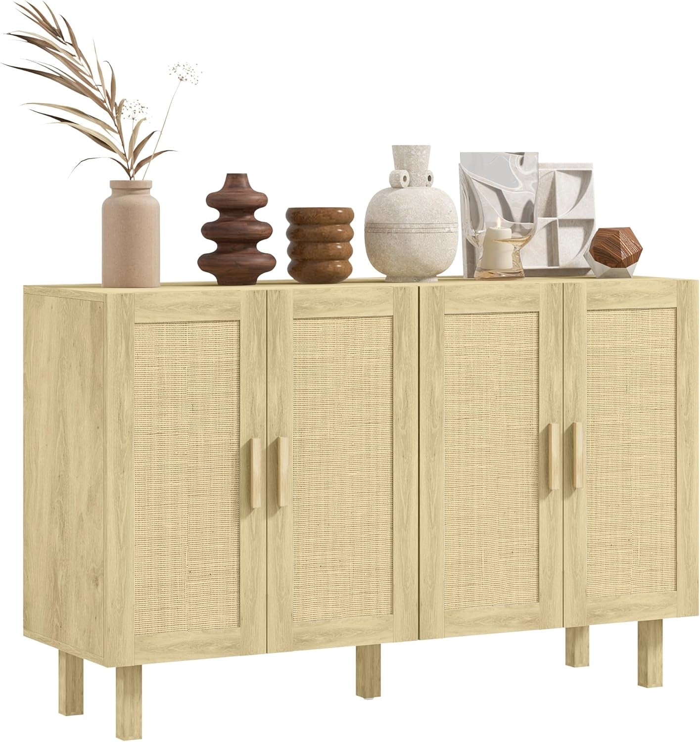Sideboard Buffet Cabinet, Kitchen Cabinet, Coffee Bar Cabinet with 4 Rattan Doors and Adjustable Shelves, Natural-0