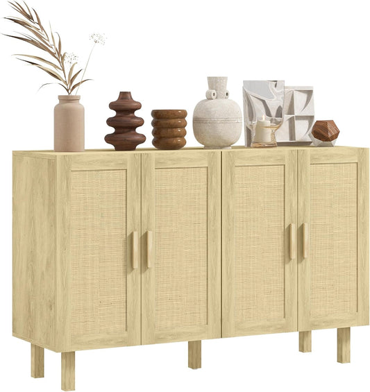 Sideboard Buffet Cabinet, Kitchen Cabinet, Coffee Bar Cabinet with 4 Rattan Doors and Adjustable Shelves, Natural-0