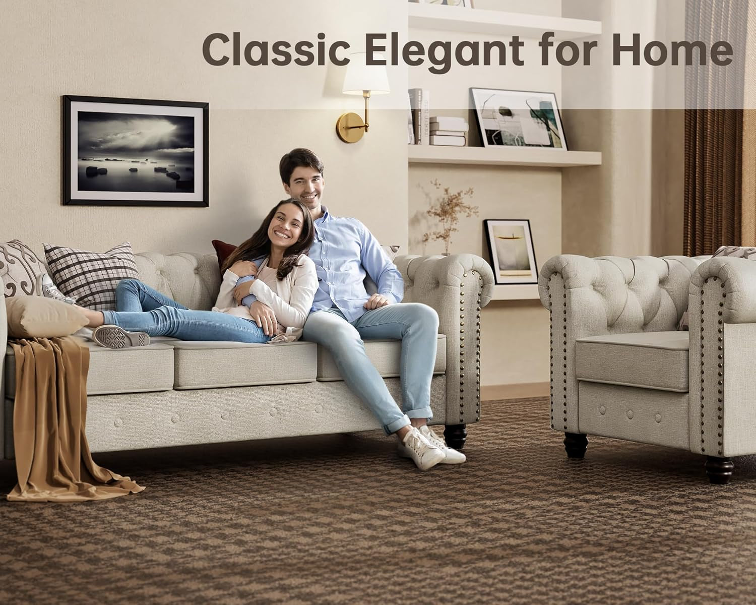 3 Piece Classic Chesterfield 6-Seater Set, Tufted Chair & Loveseat & Sofa Solid Wood Legs Thick Cushion, Pet-Friendly Couch Set Furniture for Living Room Bedroom Apartment, Linen Beige-4