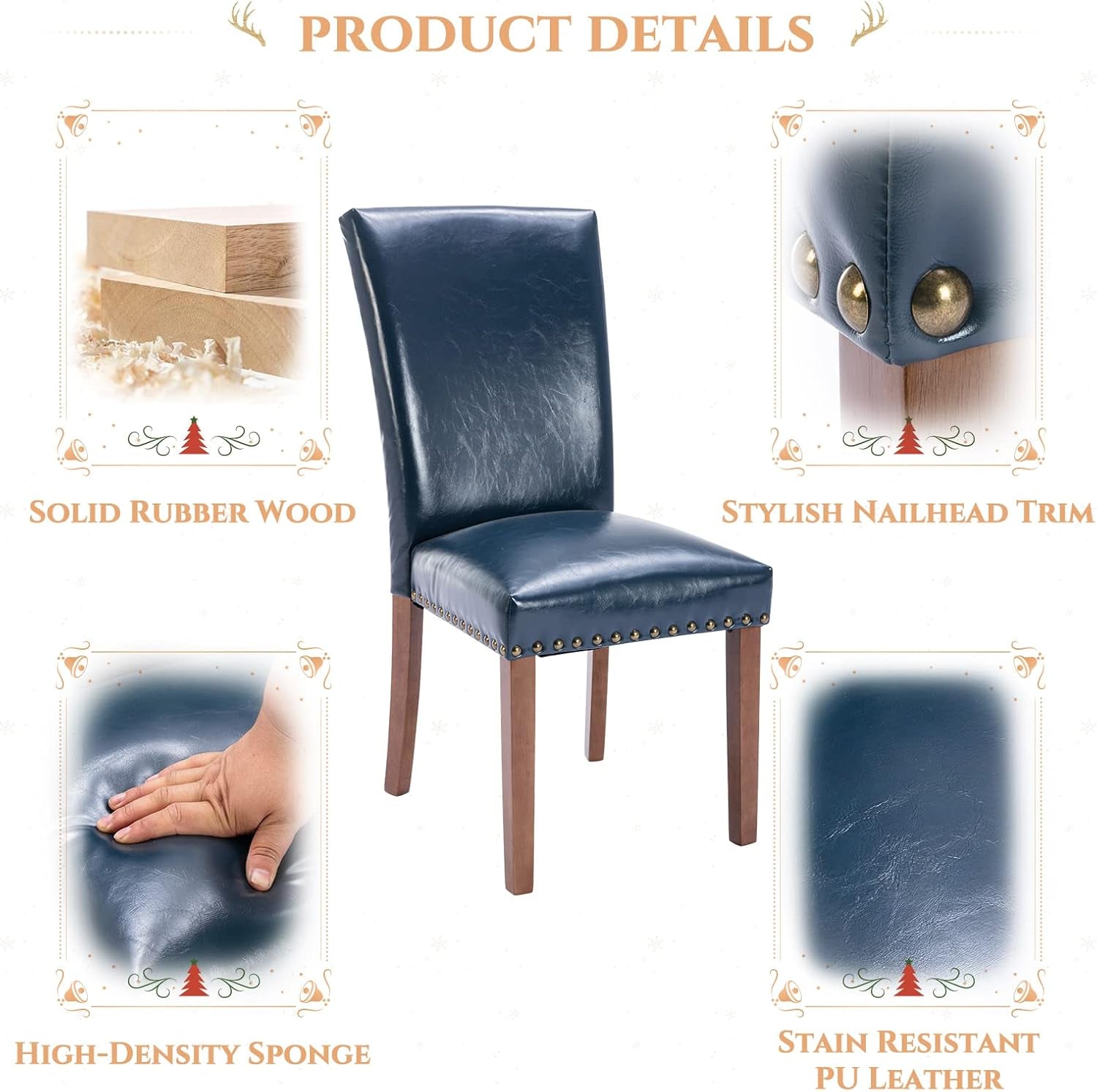 Parsons Dining Chairs Set of 4, Upholstered Nailhead PU Leather Dining Room Kitchen Side Chair with Thick Cushions and Wood Legs, Blue-4
