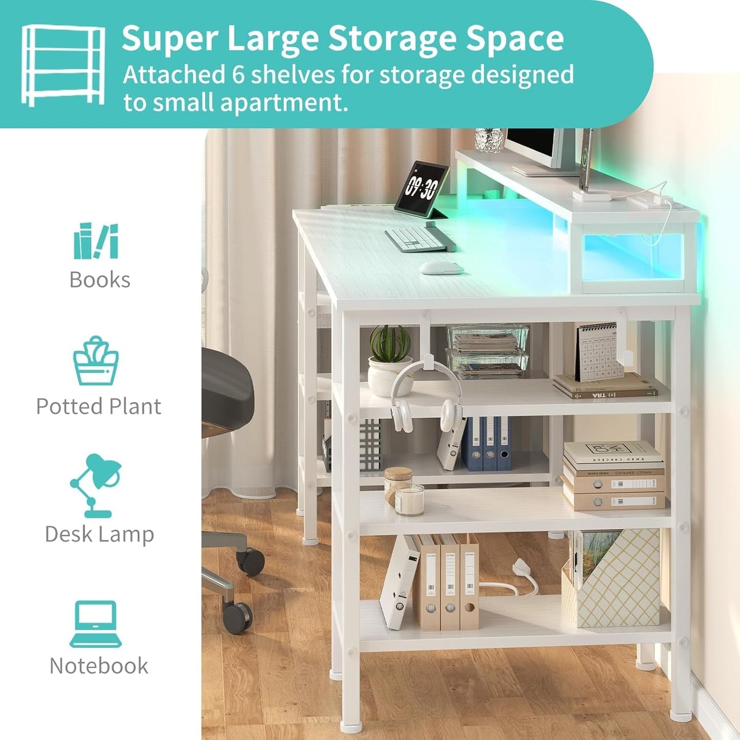 White Desk with Storage Shelves - 47 Inch Home Office Gaming Desk with Monitor Stand, Computer Desk with LED Lights and Power Outlets, White-4