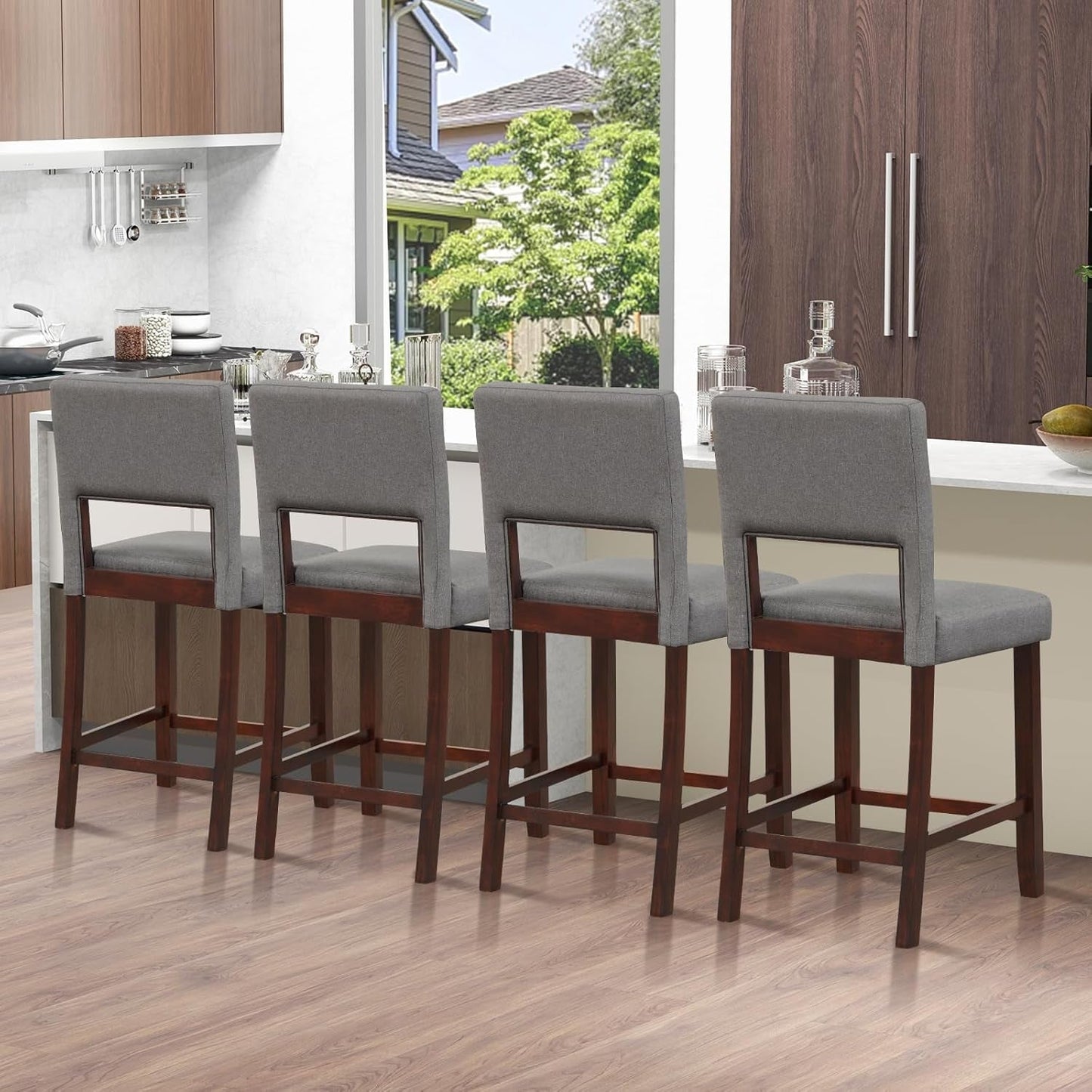 24.5" Counter Height Bar Stools Set of 2, Linen Barstools with Back, Rubber Wood Legs, Max Load 400 Lbs, Modern Upholstered Bar Dining Chairs for Kitchen Island Pub, Grey-3