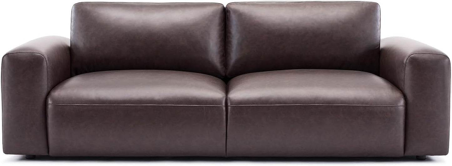 95" Oversized PU Leather Sofa, Comfy Sofa Couch with Extra Deep Seats, Wide Arm, down Filled 3-Seater Modern Sofa for Living Room, Apartment Lounge-Chocolate-0