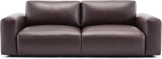 95" Oversized PU Leather Sofa, Comfy Sofa Couch with Extra Deep Seats, Wide Arm, down Filled 3-Seater Modern Sofa for Living Room, Apartment Lounge-Chocolate-0