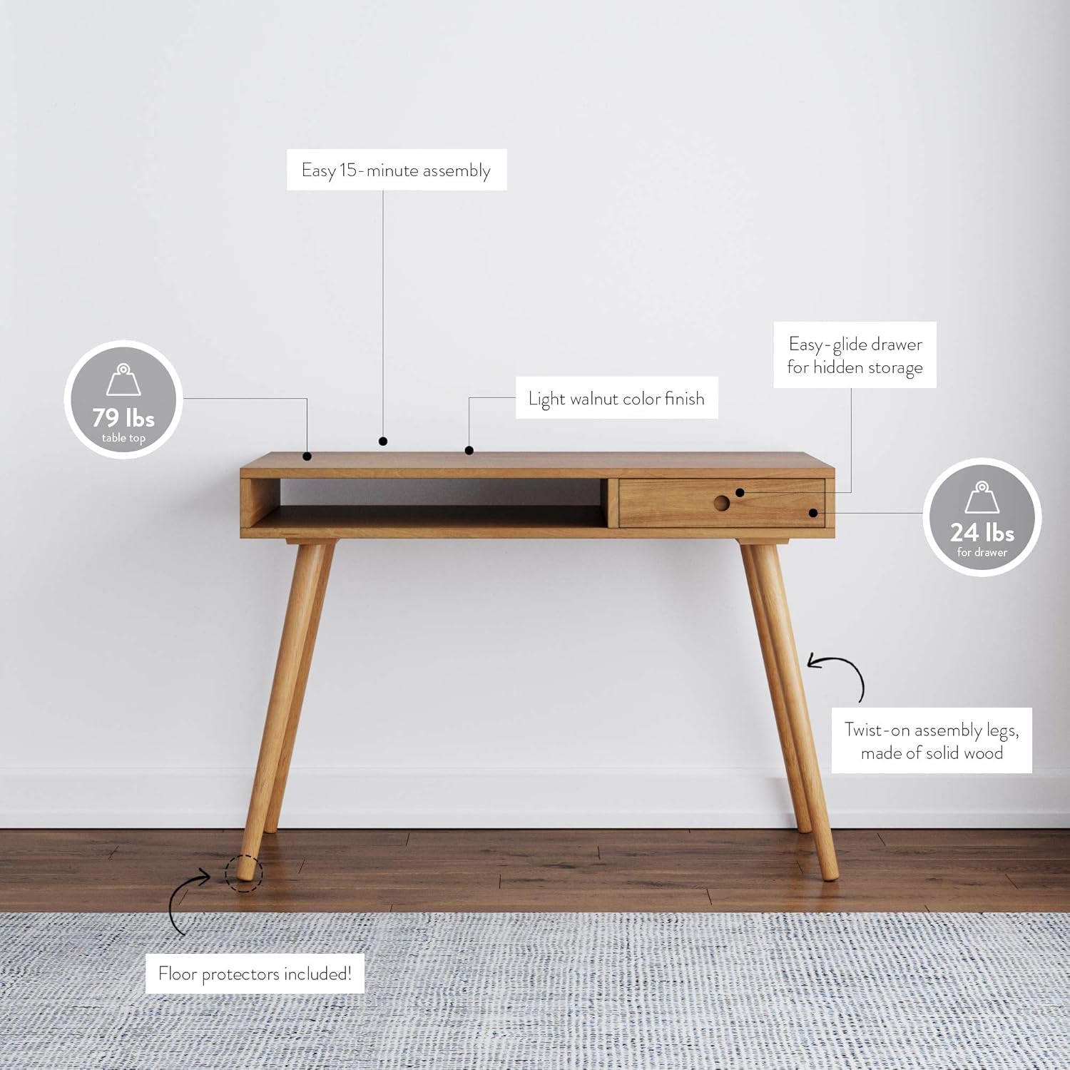 Parker Modern Home Office Writing, Computer or Laptop Desk with Open Storage Cubby and Small Drawer, Walnut-2