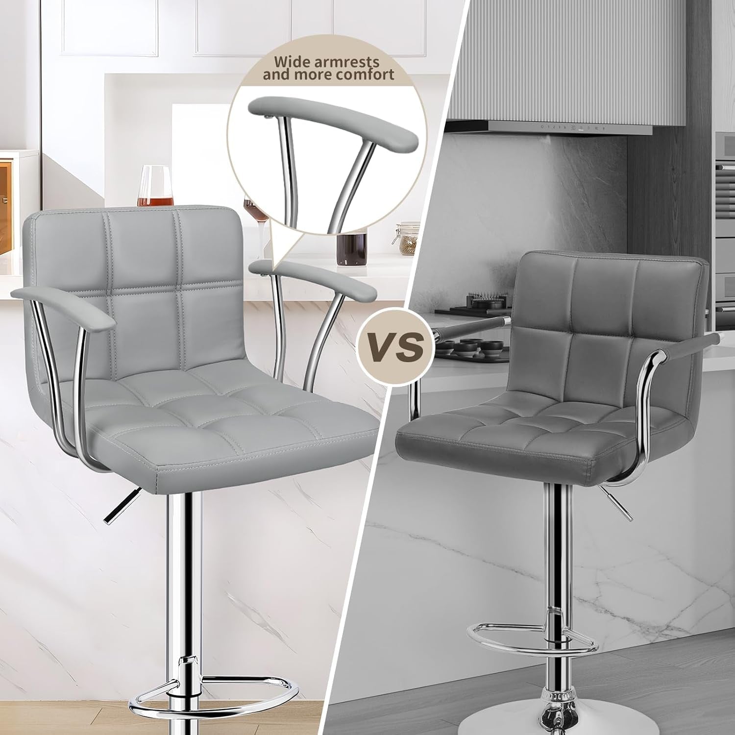 Bar Stools Set of 2,Armrest Adjustable Swivel Barstools with Back,Double Needle PU Leather Counter Height Bar Stools for Kitchen Island, Light Grey-3