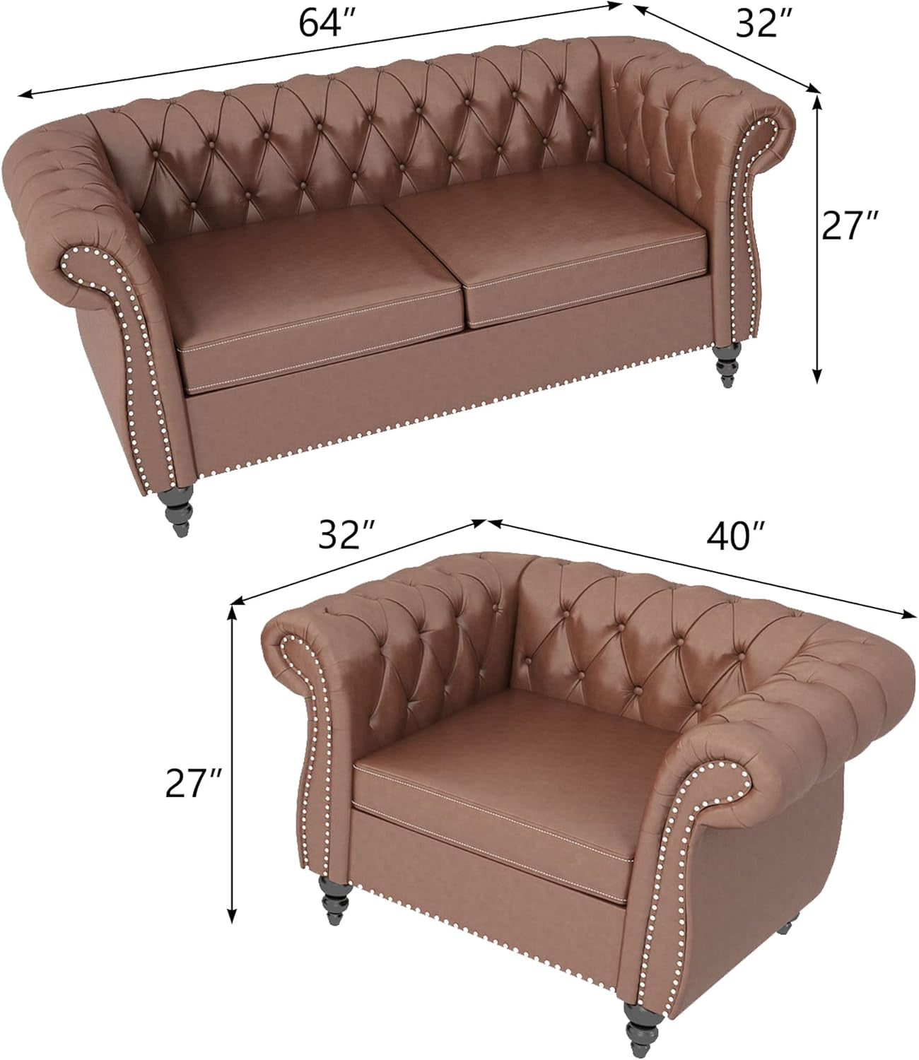 Sectional Modular Sofa Couches, PU Leather Modular Sofa Furniture Set Tufted Cushion Suitable for Small Space Configuration, Office Meeting Room Couch (PU Brown, 1-2)-1