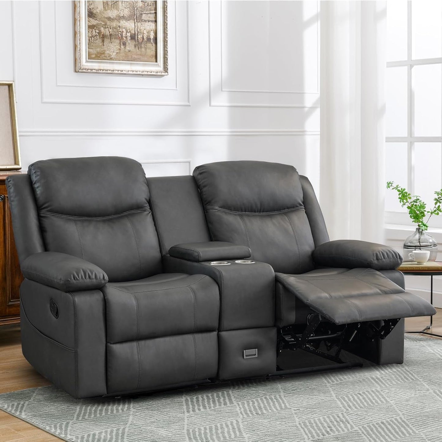 Loveseat Recliner, Reclining Loveseat with Console, Double Reclining Loveseat, 2 Seater Manual Reclining Couch for Living Room, Office, Home Theater(Pu-Grey)-0