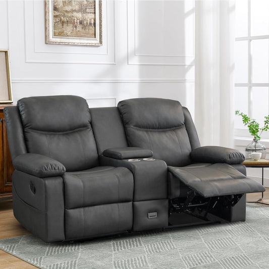 Loveseat Recliner, Reclining Loveseat with Console, Double Reclining Loveseat, 2 Seater Manual Reclining Couch for Living Room, Office, Home Theater(Pu-Grey)-0