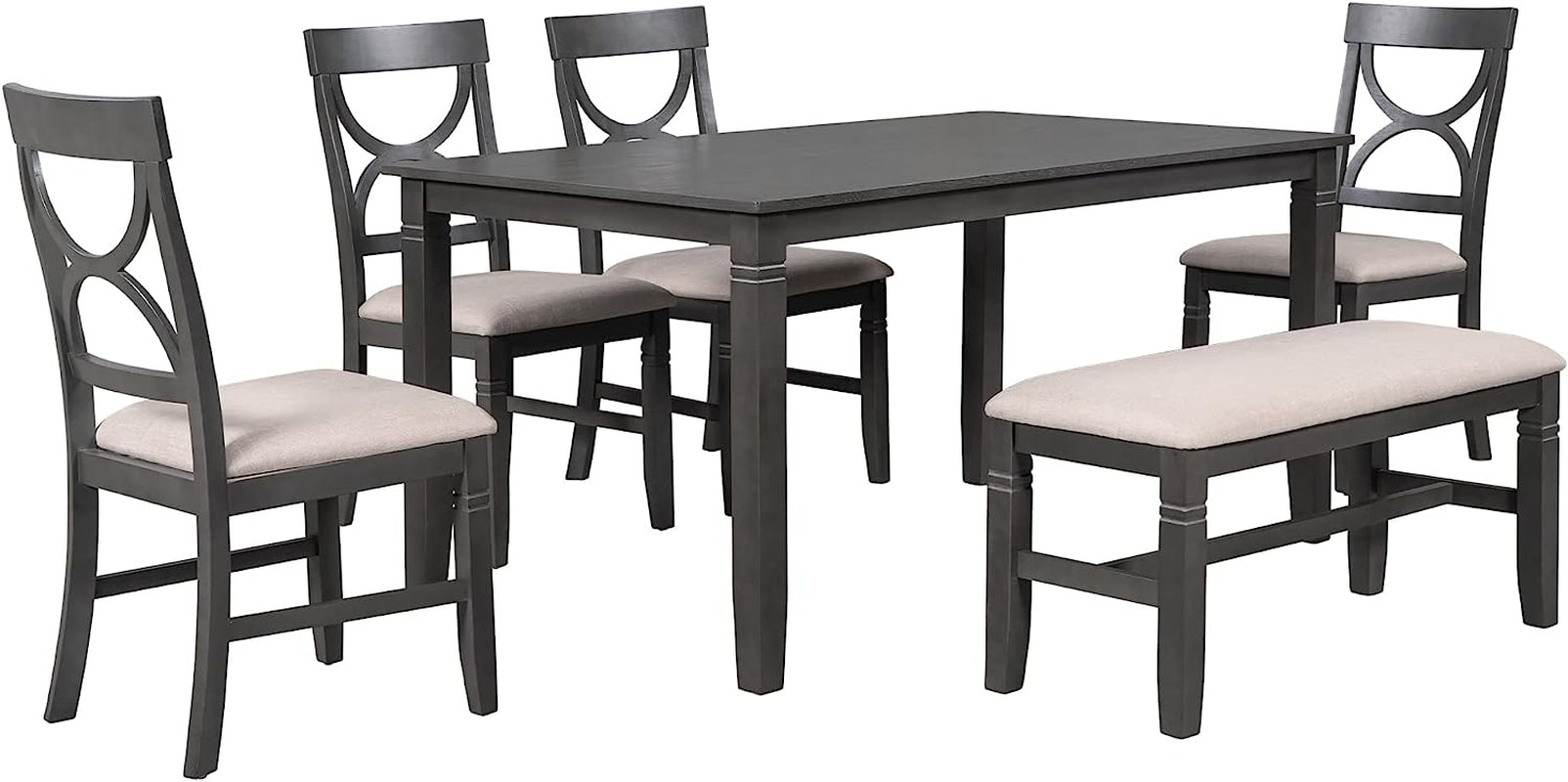 6-Piece Wood Dining Table Set with Upholstered Bench and 4 Chairs-4