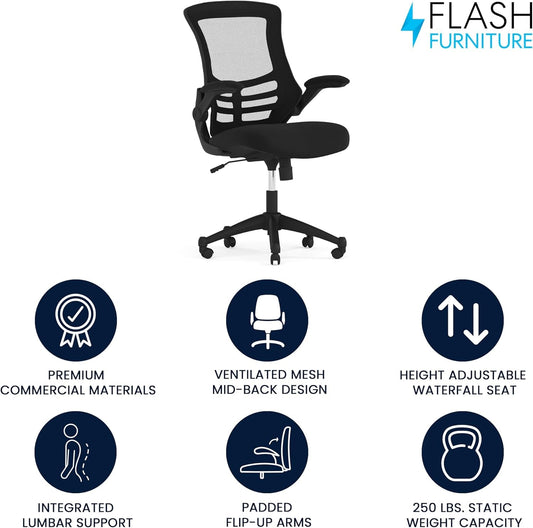 Kelista Mid-Back Swivel Office Chair with Adjustable Seat Height, Ergonomic Mesh Desk Chair with Flip-Up Armrests, Black-1