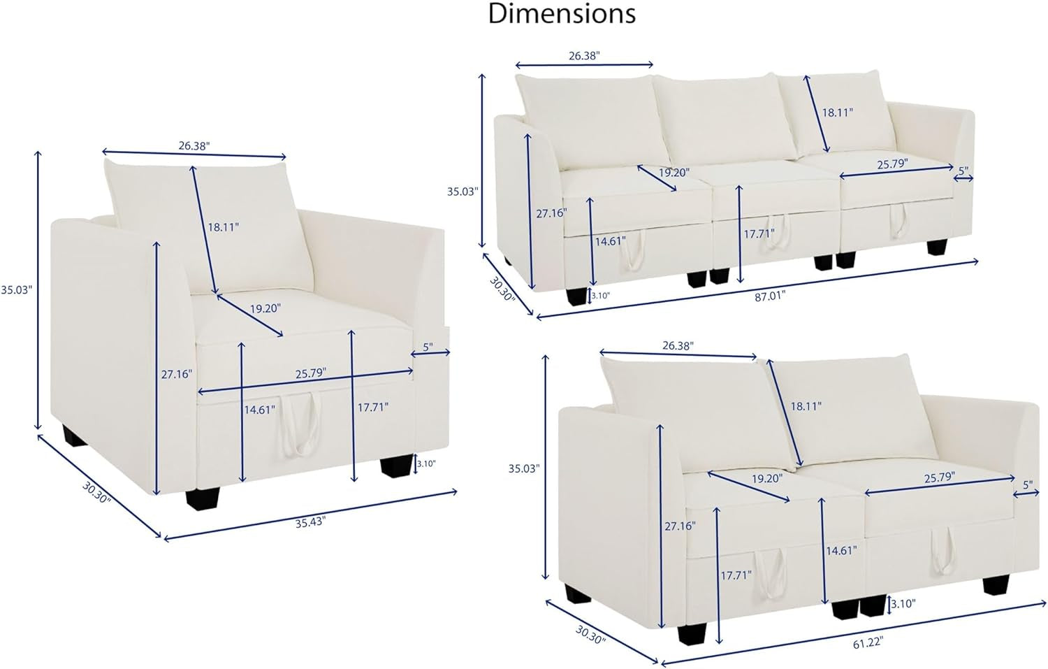 Elizabeth Modern Linen Living Room Furniture Sets - 3 Pieces Sofa, Loveseat and Armchair - Muebles Para La Sala Juegos Living Room Set - Modular Sofa Sectional Couch Set - White-1