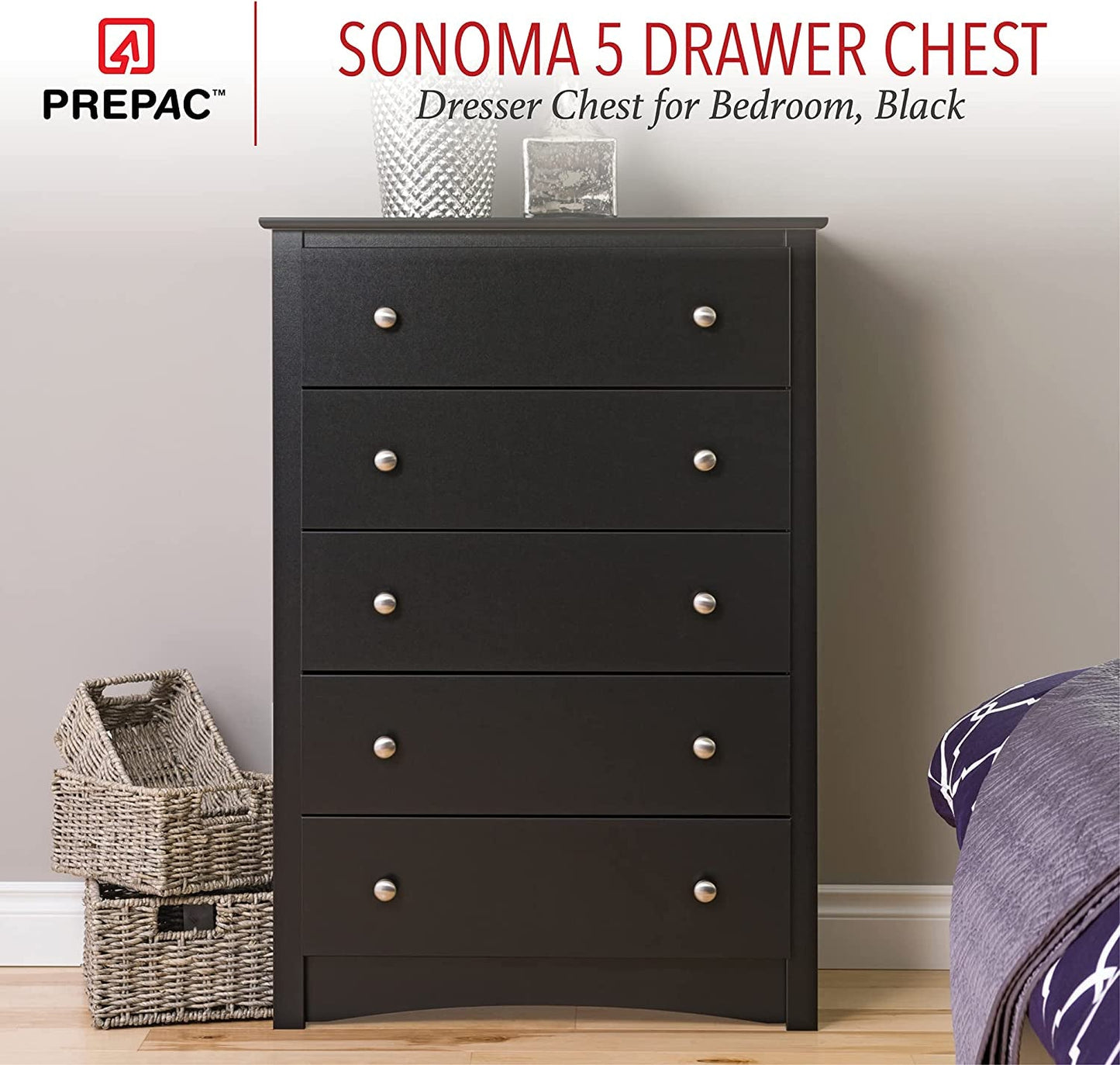 Sonoma 5-Drawer Chest for Bedroom in Black-3