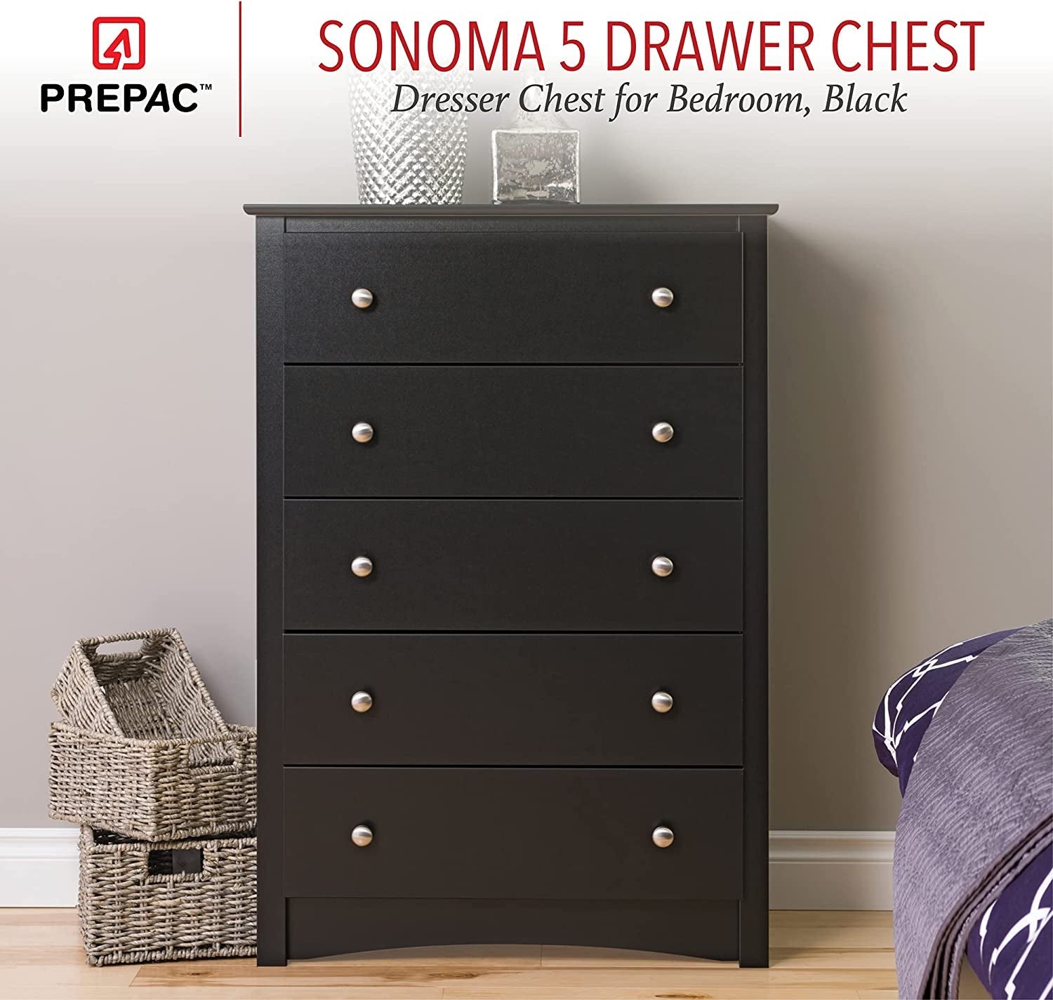 Sonoma 5-Drawer Chest for Bedroom in Black-3