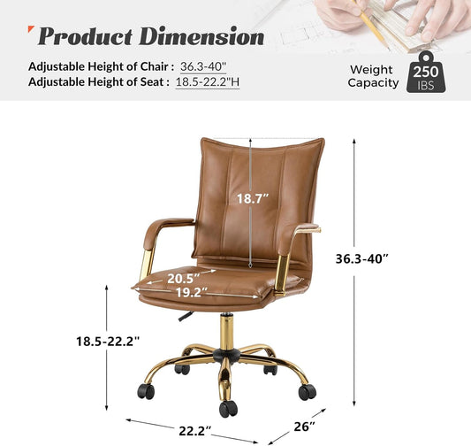 Faux Leather Home Office Desk Chair, Adjustable Swivel Computer Chair with Golden Legs and Arms, Comfy Upholstered Task Chair,Camel-1