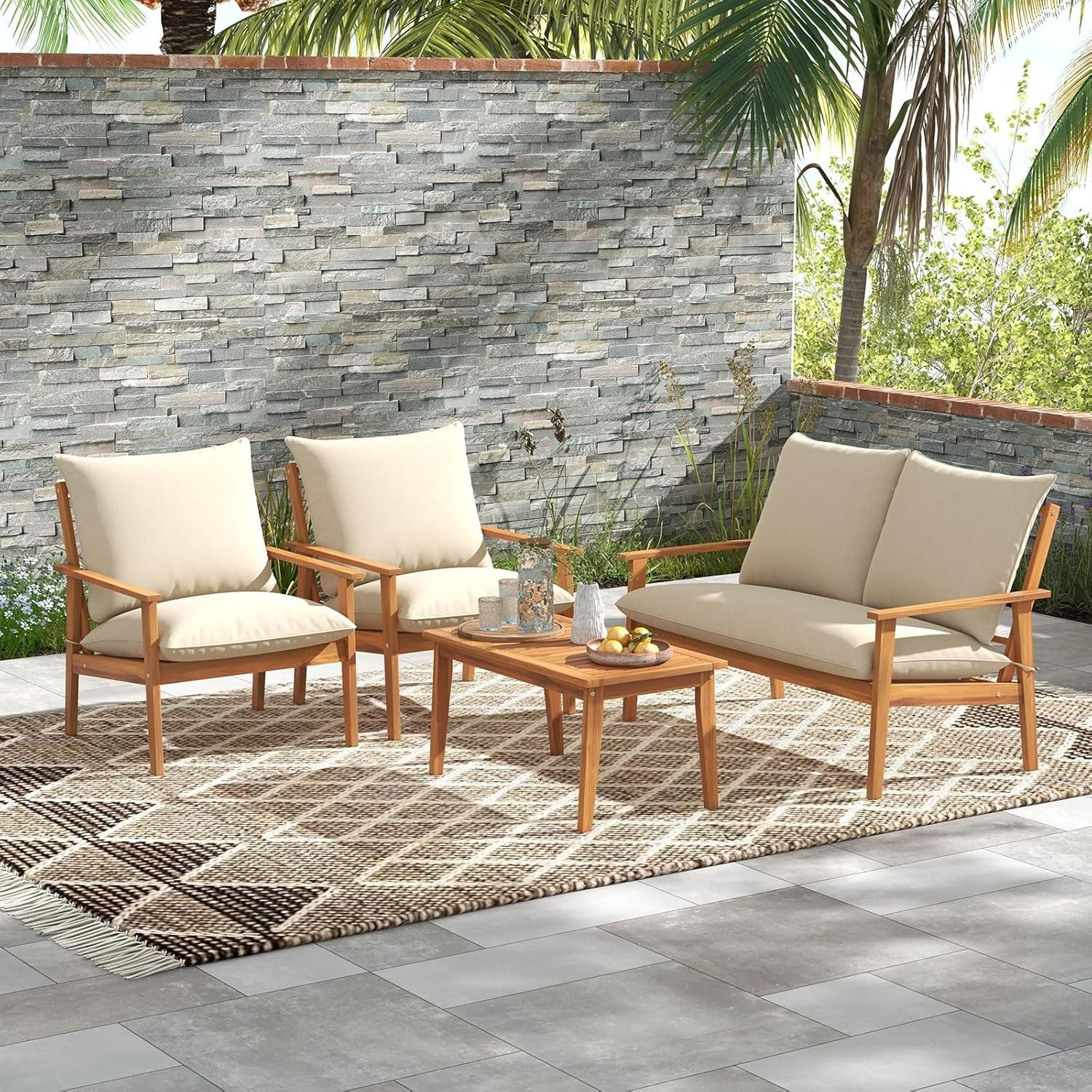 4 Pieces Patio Furniture Set, Outdoor Acacia Wood Conversation Set with Soft Cushions and Coffee Table, Outdoor Sectional Sofa Set for Lawn, Garden, Backyard and Poolside (1, Natural)-1