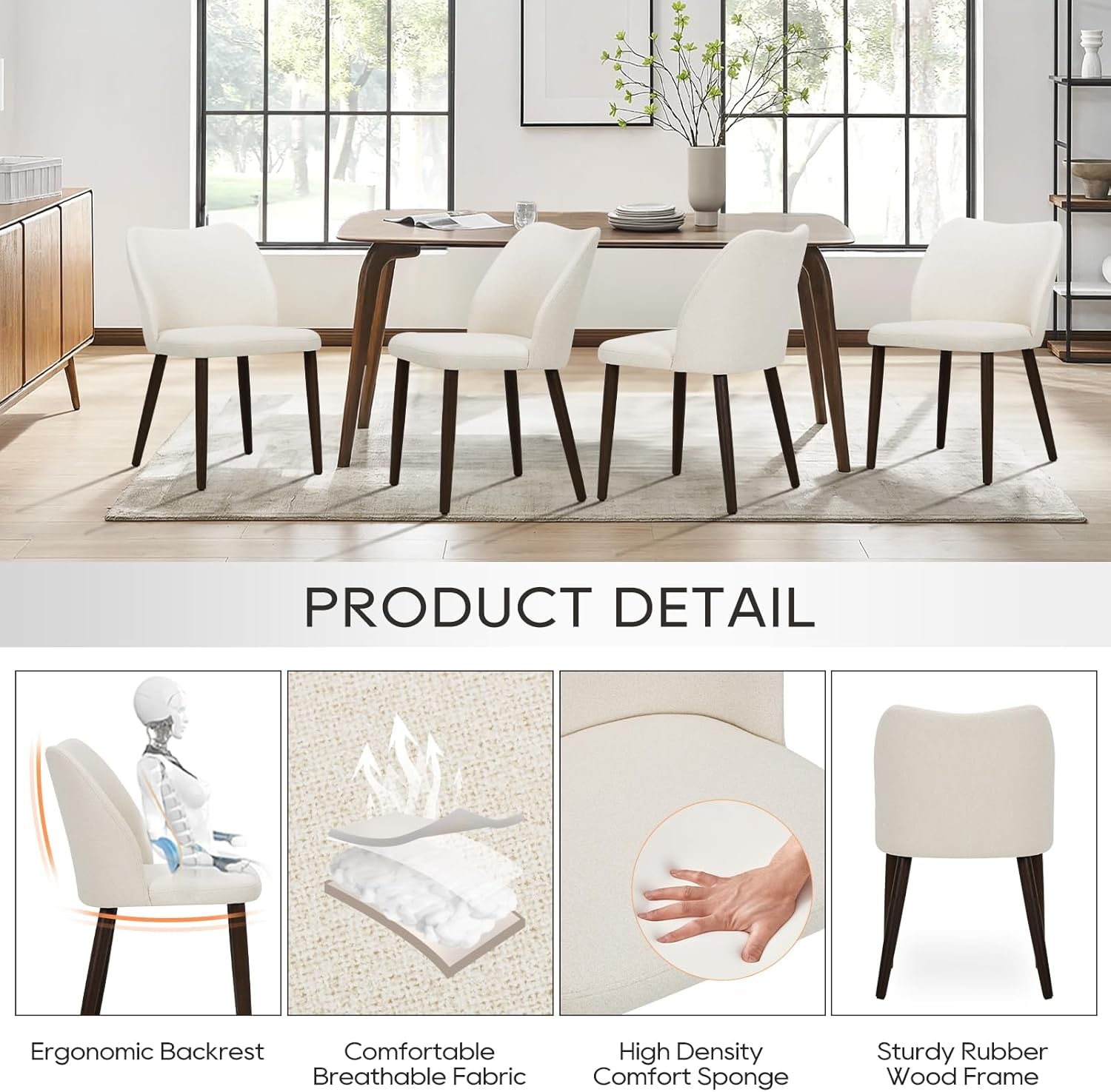 Upholstered Dining Chairs Set of 2, Modern Fabric Dining Room Kitchen Side Chair with Padded Seat and Wood Legs for Restaurant/Cafe, Beige-3