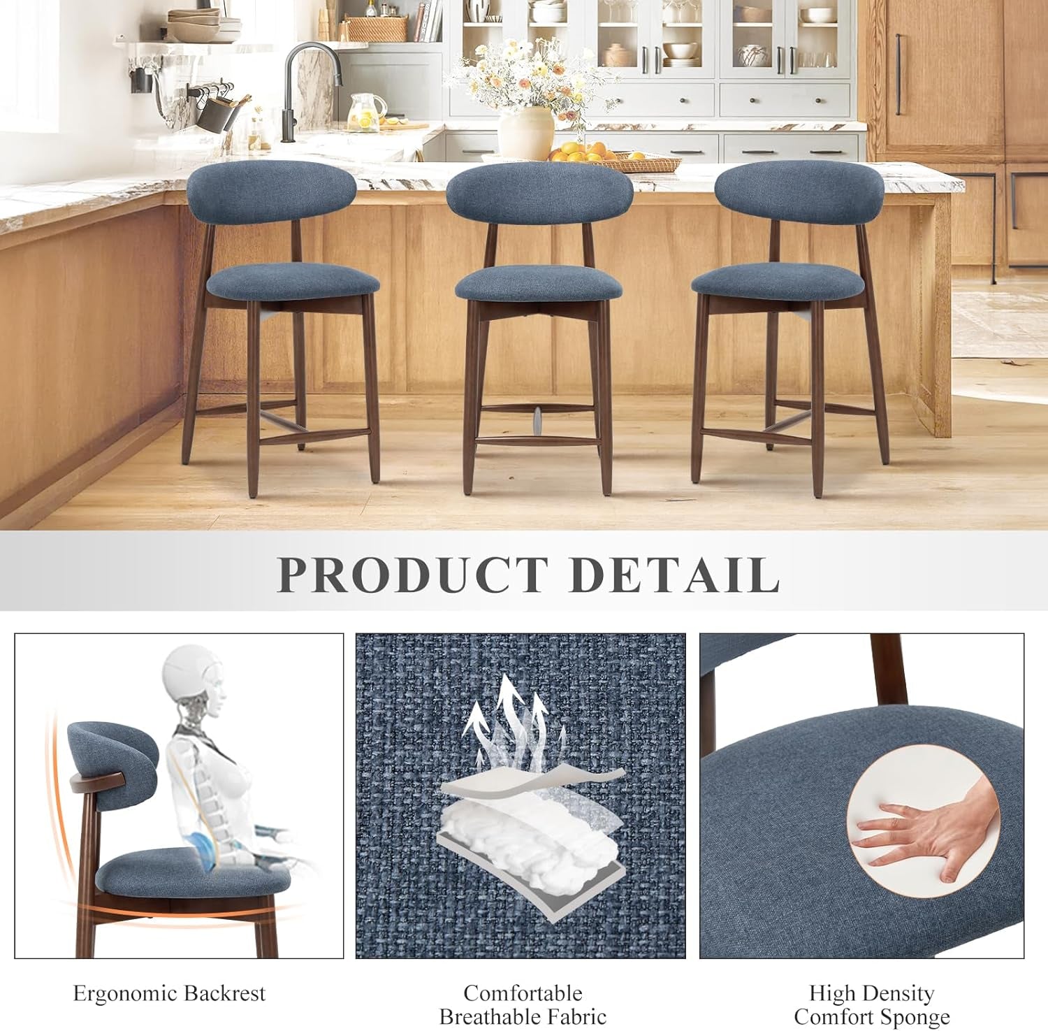 Wood Bar Stools Set of 3, Counter Height Bar Stools, Mid Century Modern Bar Stools with Back, 25 Inch Upholstered Wooden Barstools for Kitchen Island Dining Room Bar, Blue-4